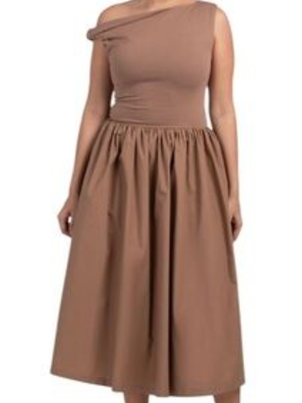 En Saison One-Shoulder Midi Skirt in Taupe Brown